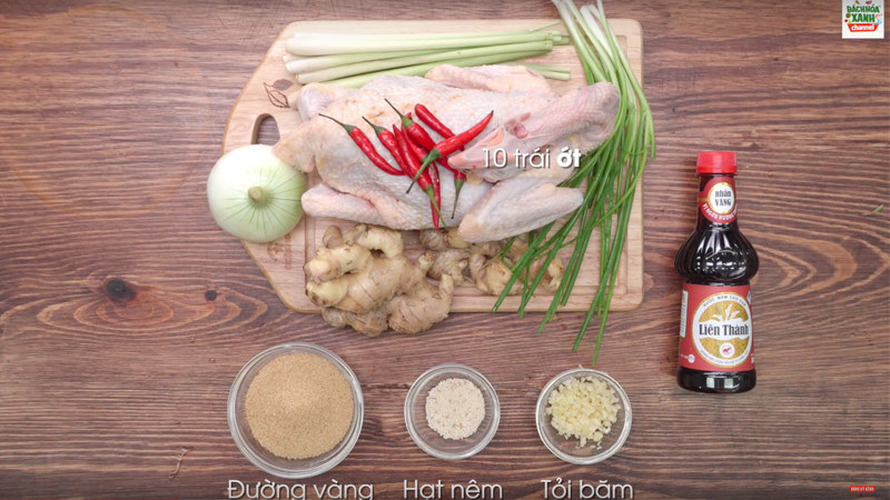 Các loại nguyên liệu tươi ngon chuẩn bị làm gà tắm nước mắm