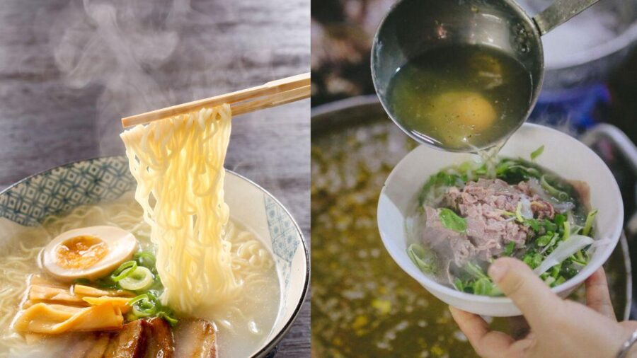 Một bộ sưu tập các loại mì và phở phổ biến của Việt Nam được đặt trên bàn, bao gồm mì hoành thánh, phở, bún chả, thể hiện sự đa dạng trong ẩm thực